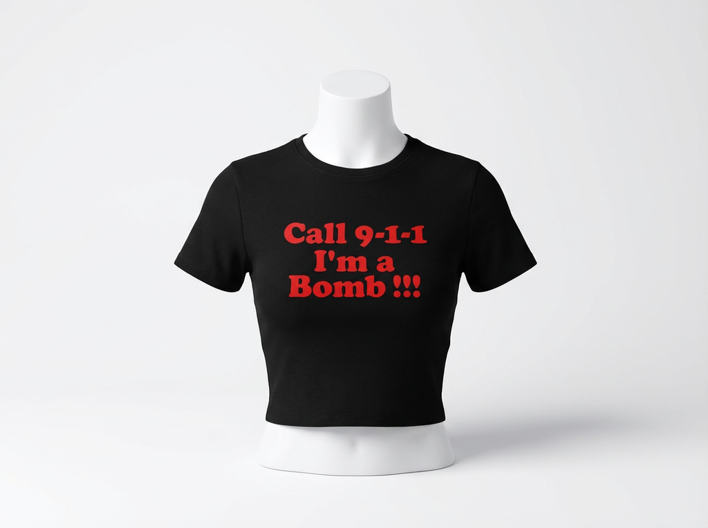 Baby Tee Call 9-1-1 I'M A Bomb _crop top Y2K femme Noir I Heart Creation