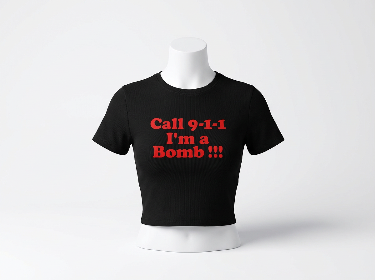Baby Tee Call 9-1-1 I'M A Bomb _crop top Y2K femme Noir I Heart Creation