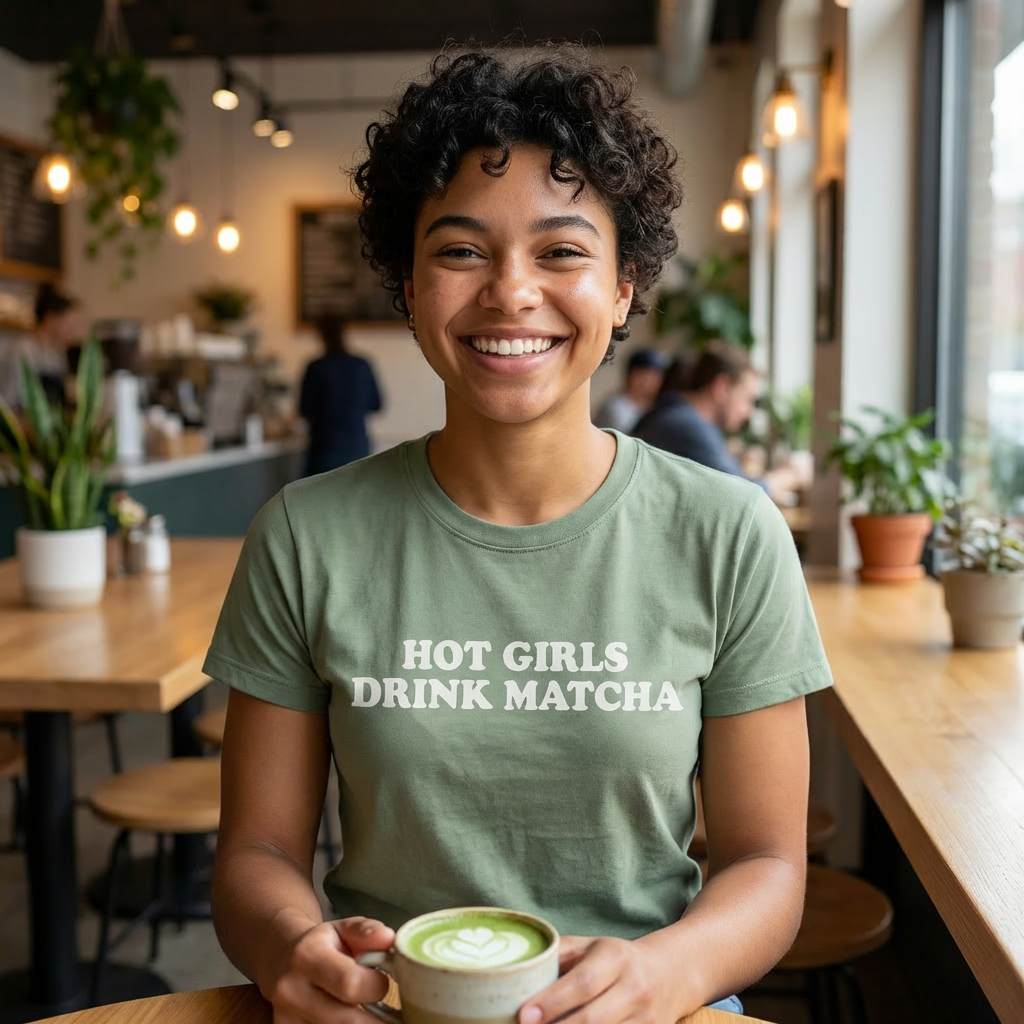 Baby Tee HOT GIRLS DRINK MATCHA t-shirt court Y2K femme vert sauge I Heart Creation