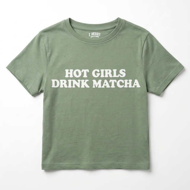 Baby Tee HOT GIRLS DRINK MATCHA t-shirt court Y2K femme vert sauge i Heart Creation